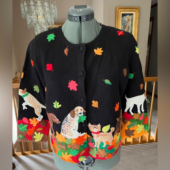 Michael Simon M Dogs And Cats sweater Cardigan Embroidered Fall Leaves Dog Cat - Picture 1 of 6